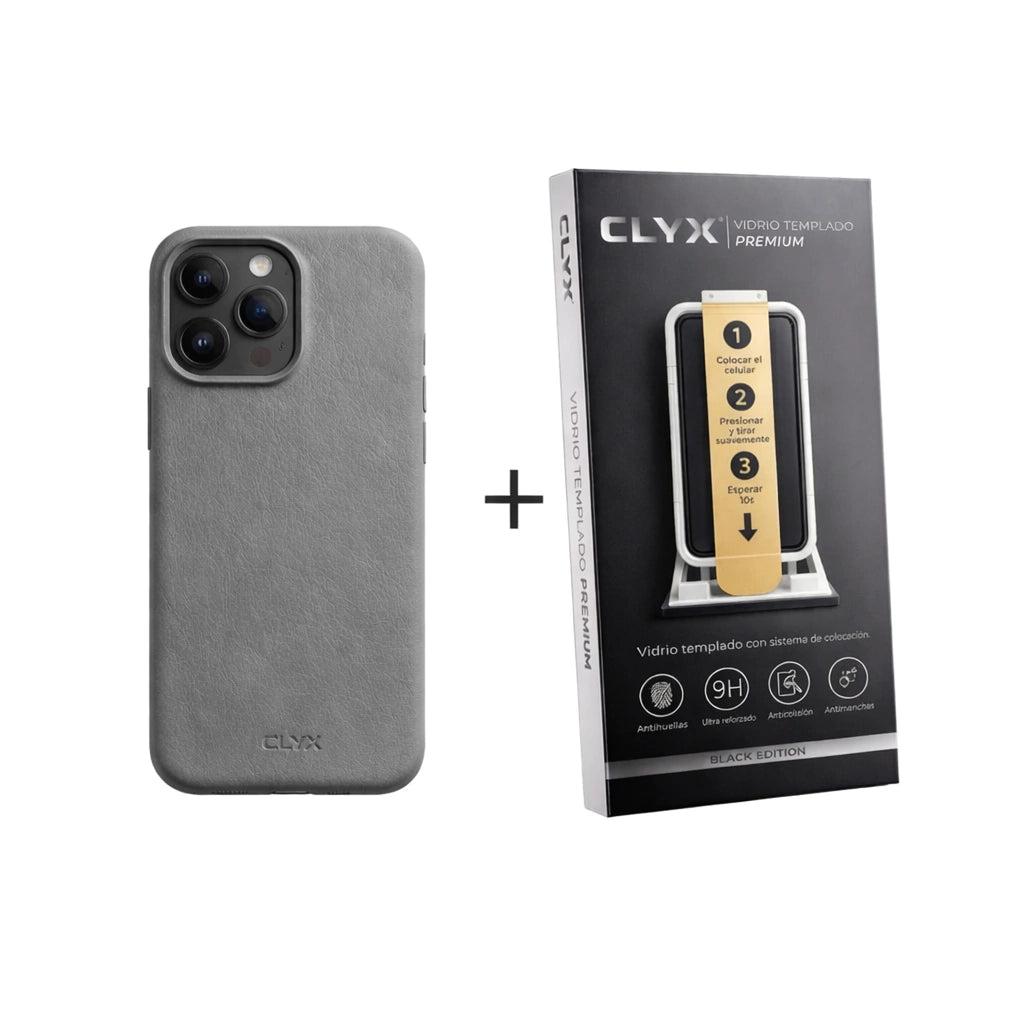 COMBO CLYX: FUNDA CUERO MAGSAFE + TEMPLADO CON COLOCADOR